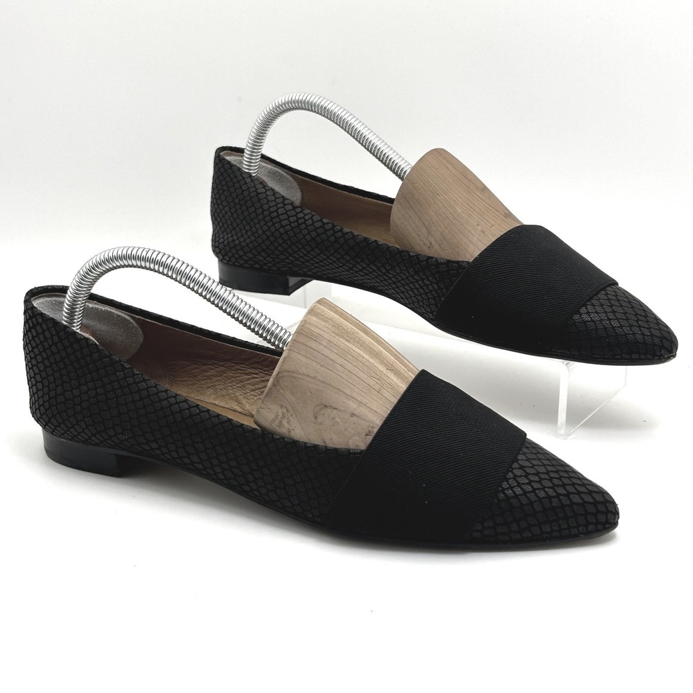 Halogen Pointed Toe Flats Women 7.5 Black Snakeskin Embossed Leather Chic Office